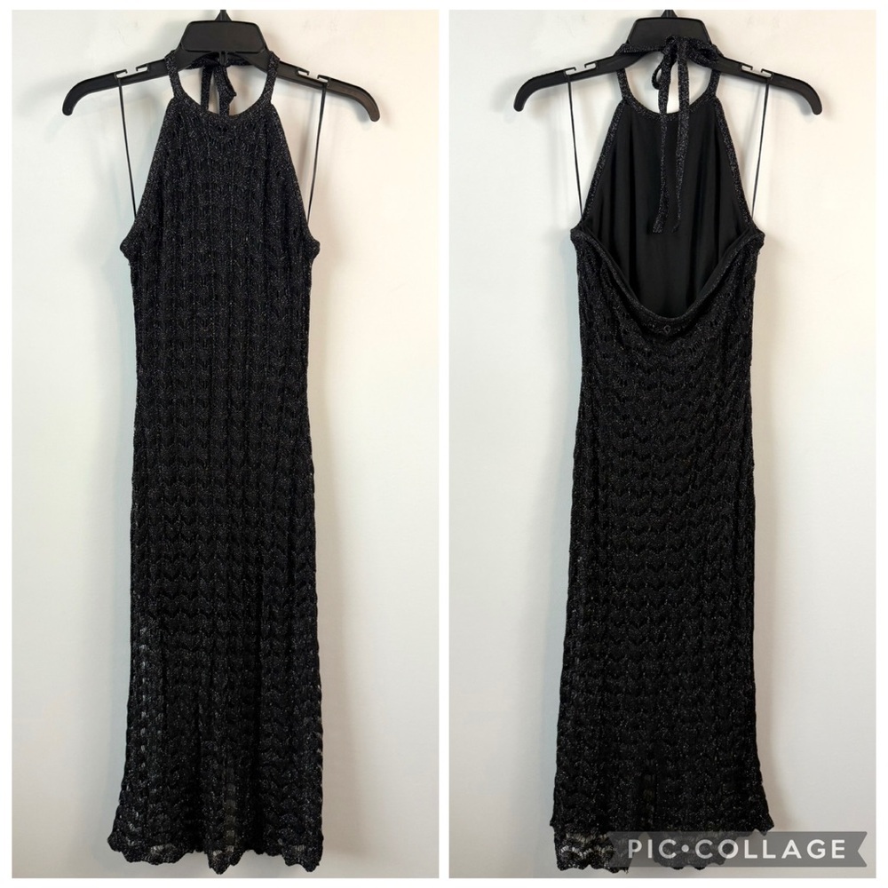 Guess Alina Lurex Halter Neck Crochet Midi Dress Black Metallic S - Picture 2 of 6